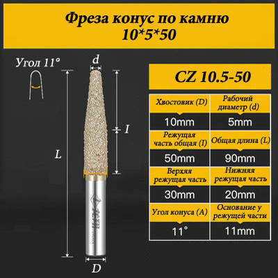 Фреза конус для каменю 10*5*50 мм