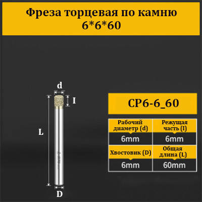 Фреза торцева для каменю 6*6*60 мм