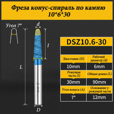 Фреза конус-спіраль для каменю 10*6*30 мм синя