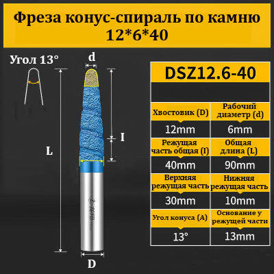 Фреза конус-спіраль для каменю 12*6*40 мм синя