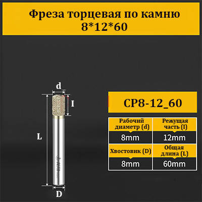 Фреза торцева для каменю 8*12*60 мм
