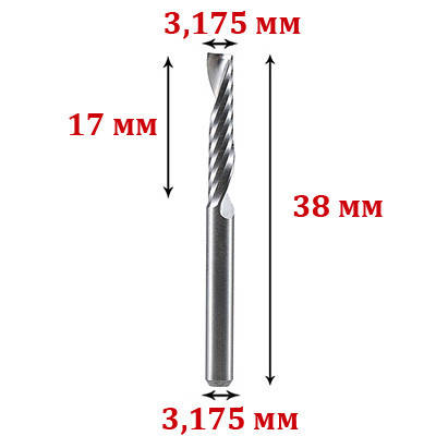 Кінцева однозахідна фреза 3,175×3,175×17×38 мм для ЧПУ, хвостовик 1/8"
