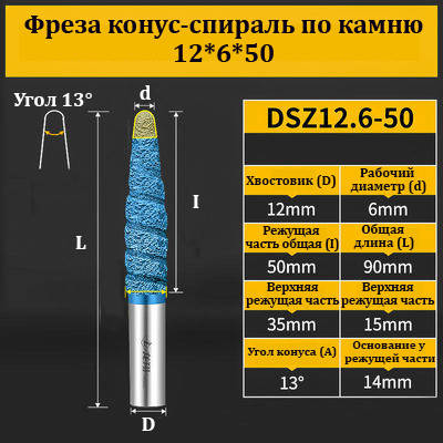 Фреза конус-спіраль для каменю 12*6*50 мм синя