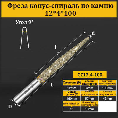 Фреза конус-спіраль по каменю 12*4*100 мм
