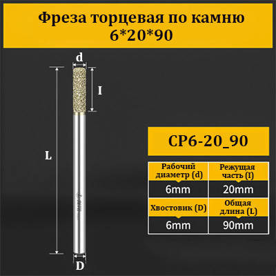 Фреза торцева для каменю 6*20*90 мм