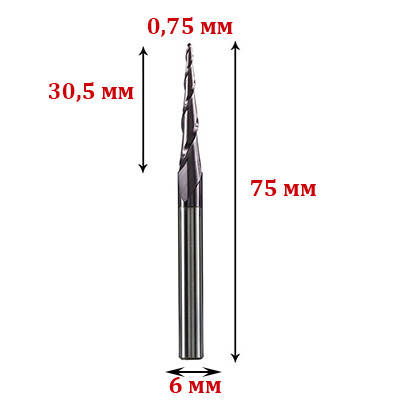 Фреза конусна для 3D обробки R0,75*30,5*D6*75 мм