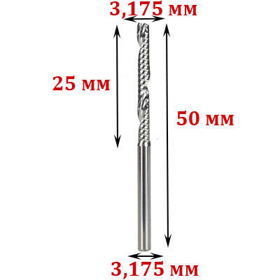 Кінцева однозахідна фреза 3,175×3,175×25×50 мм для ЧПУ, хвостовик 1/8"