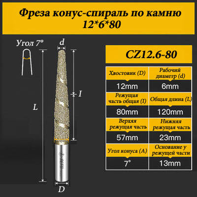 Фреза конус-спіраль для каменю 12*6*80 мм