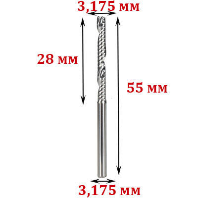 Кінцева однозахідна фреза 3,175×3,175×28×55 мм для ЧПУ, хвостовик 1/8"