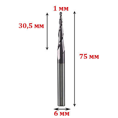 Фреза конусна для 3D обробки R1*30,5*D6*75 мм
