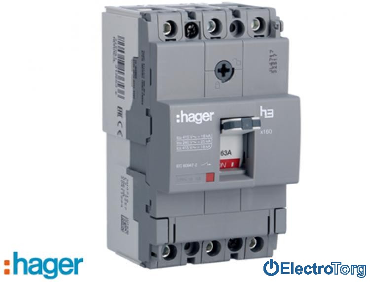 Автоматический выключатель x160, In=63A, 3p, 18kA, Т фикс./ М фикс. Hager (Хагер)