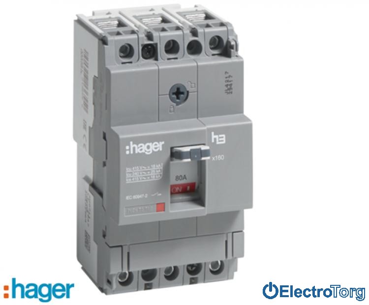 Автоматический выключатель x160, In=80A, 3p, 18kA, Т фикс./ М фикс. Hager (Хагер)