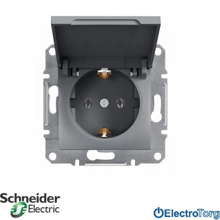 Розетка с заземлением с крышкой сталь Asfora Schneider Electric (Шнайдер Электрик)