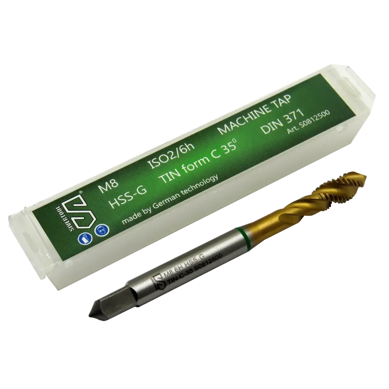 Мітчик М8×1,25 HSS-G TIN, DIN371, форма C 35° green, 800Н/мм2