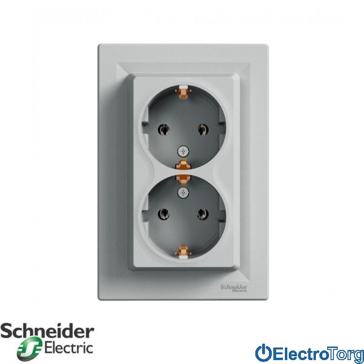 Розетка двойная с заземлением алюминий Asfora Schneider Electric (Шнайдер Электрик)