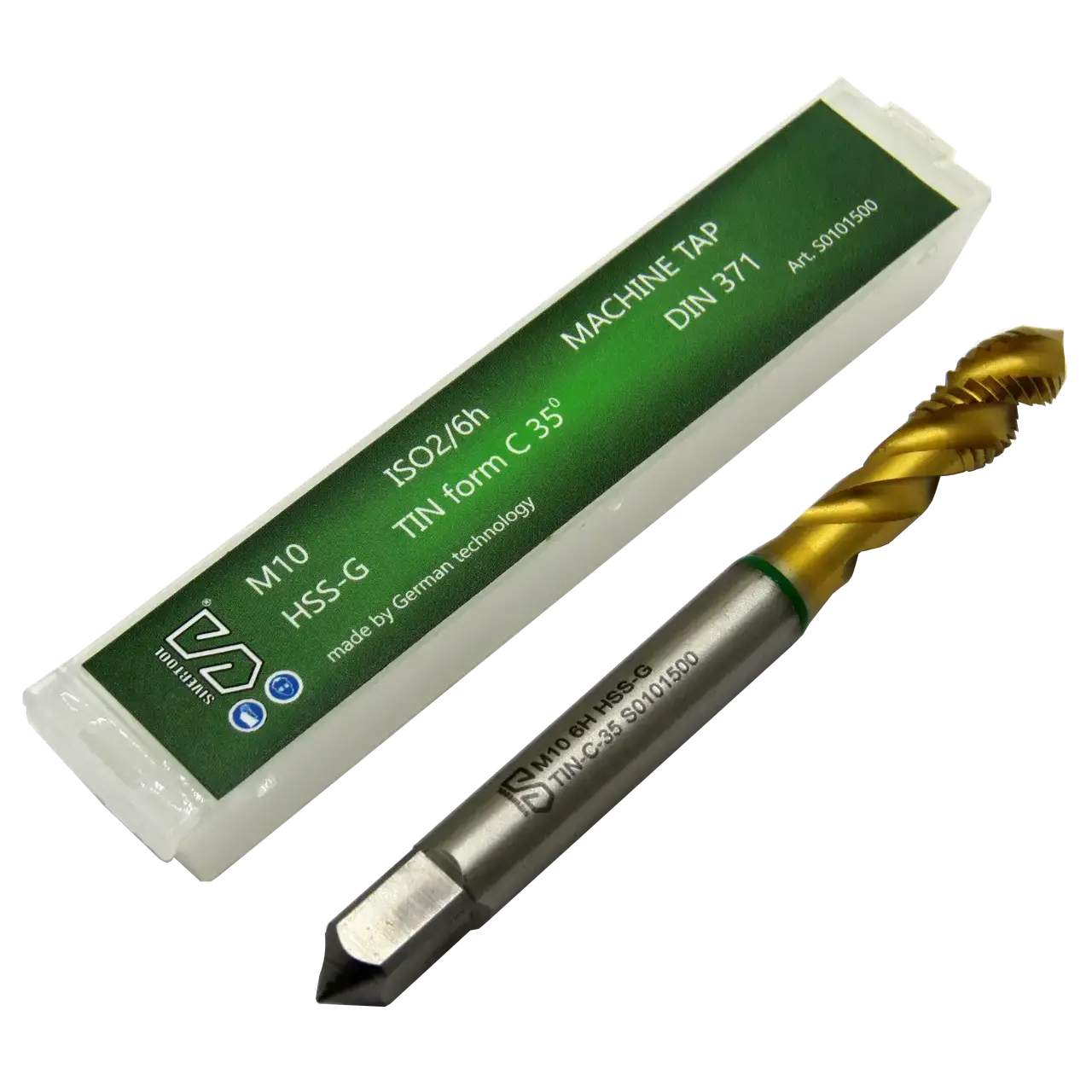 Мітчик М10×1,5 HSS-G TIN, DIN371, форма C 35° green, 800Н/мм2