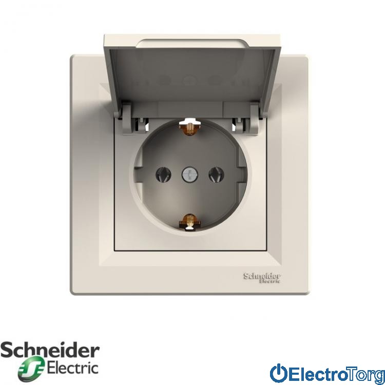 Розетка с заземлением одинарная с крышкой кремовая Asfora Schneider Electric (Шнайдер Электрик)