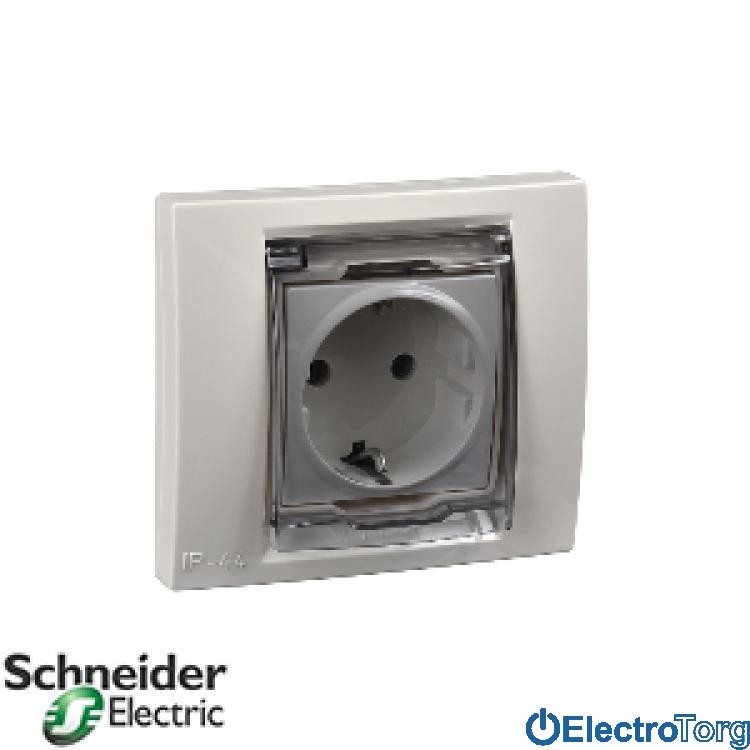 Розетка с заземлением с прозрачной крышкой со шторками IP44 16A бежевая Unica Schneider