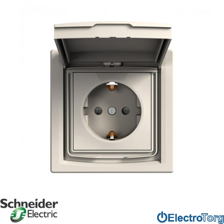 Розетка с заземлением с защитными шторками и крышкой кремовая Asfora Schneider Electric (Шнайдер Электрик)
