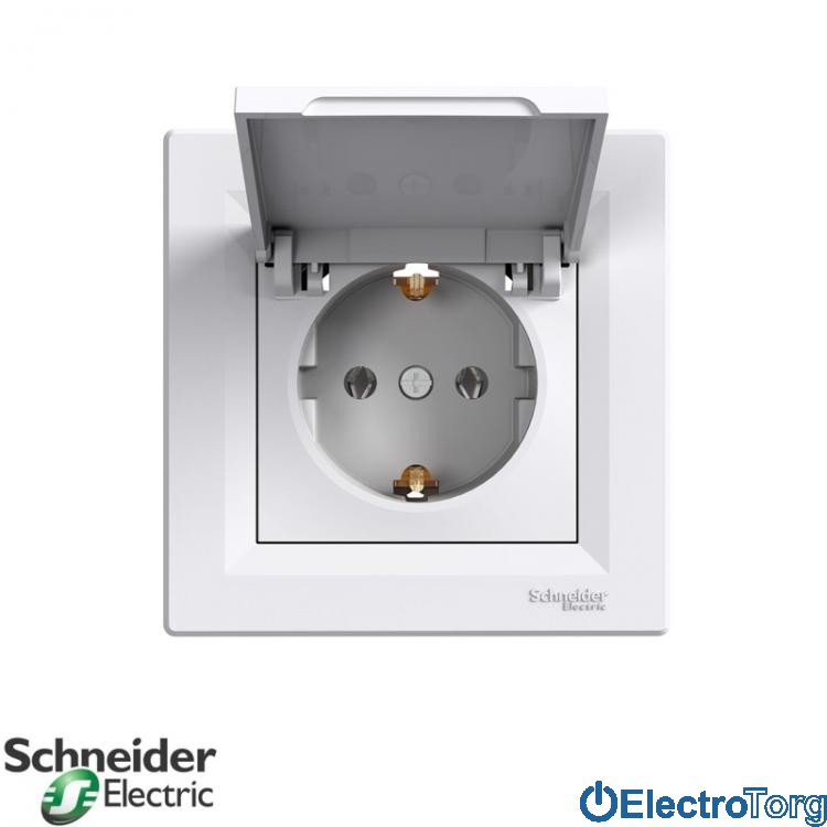 Розетка с заземлением одинарная с крышкой белая Asfora Schneider Electric (Шнайдер Электрик)
