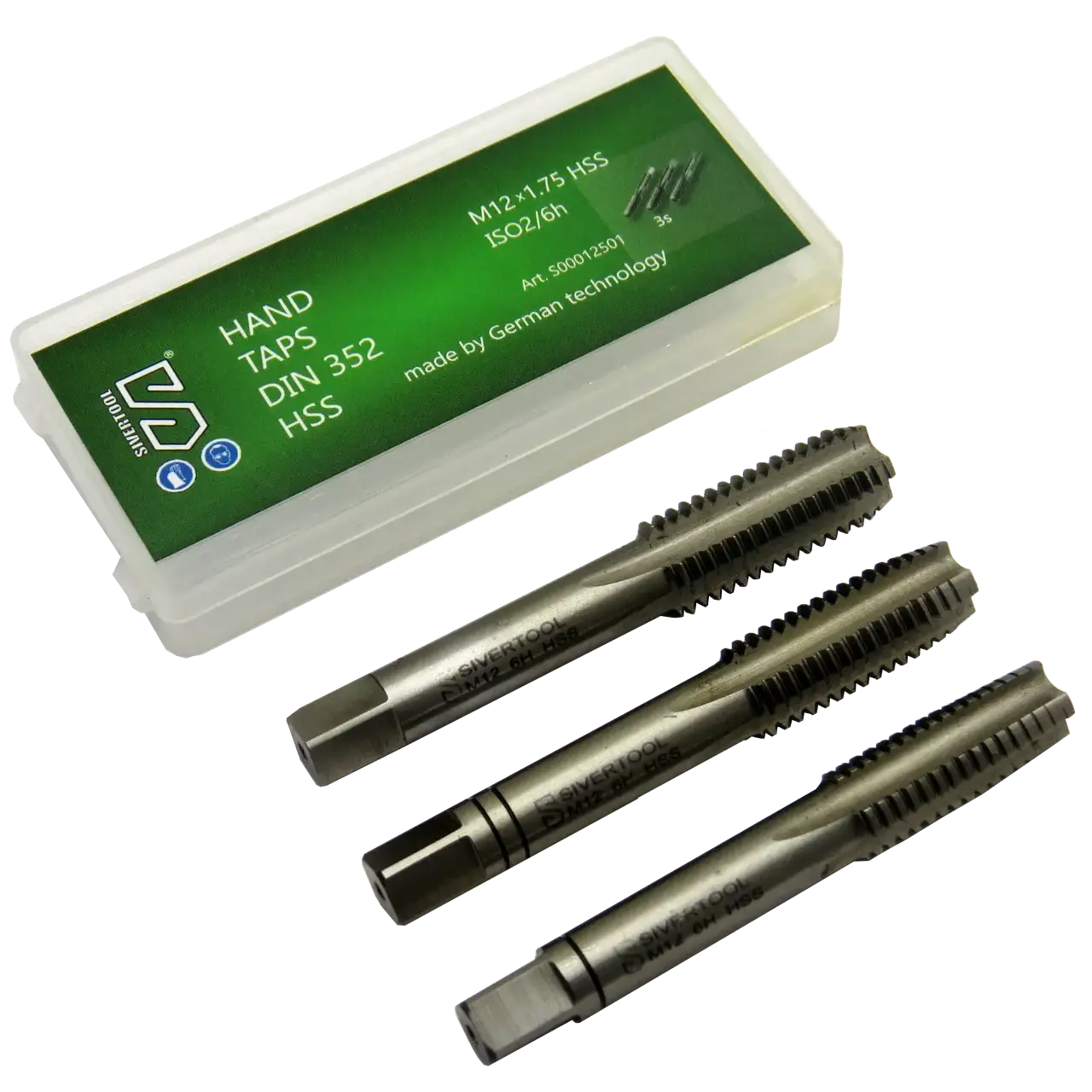 Мітчик ручний М12×1,75 HSS, DIN352, комплект із 3-х штук
