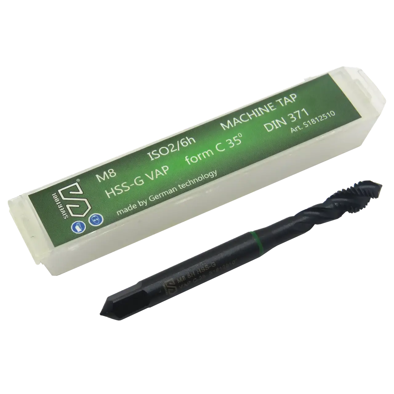 Мітчик М8×1,25 HSS-G VAP, DIN371, форма C 35° green, 800Н/мм2