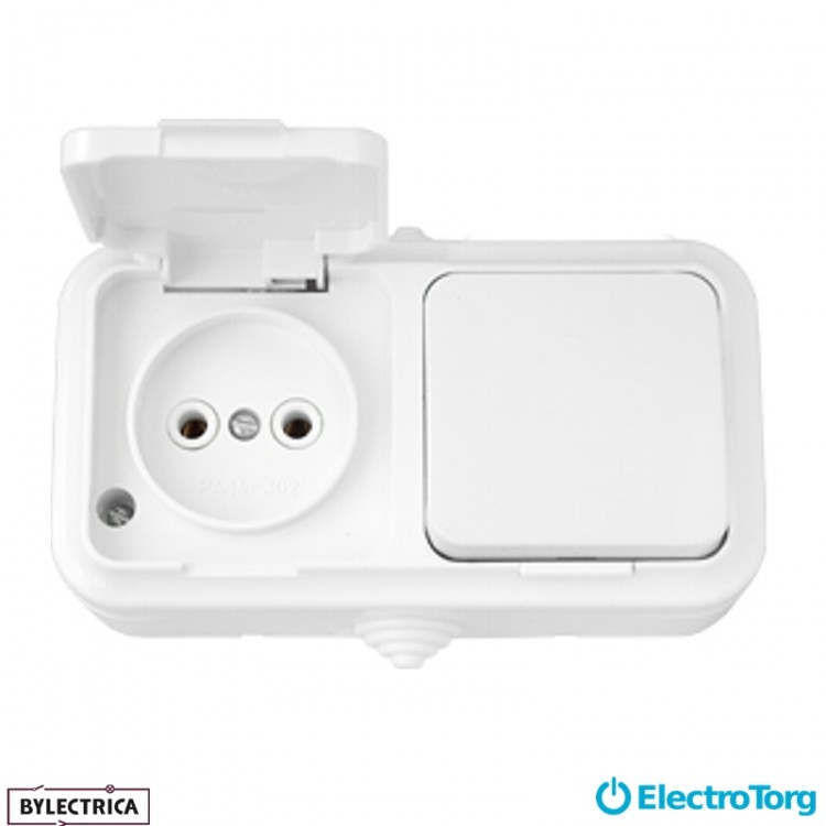 Выключатель 1-клавишный + розетка IP-44 Пралеска белый В-РЦ-653 BYLECTRICA