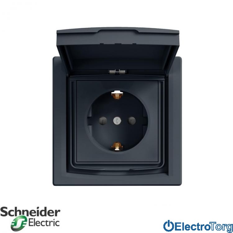 Розетка с заземлением с защитными шторками антрацит IP44 Asfora Schneider Electric (Шнайдер Электрик)