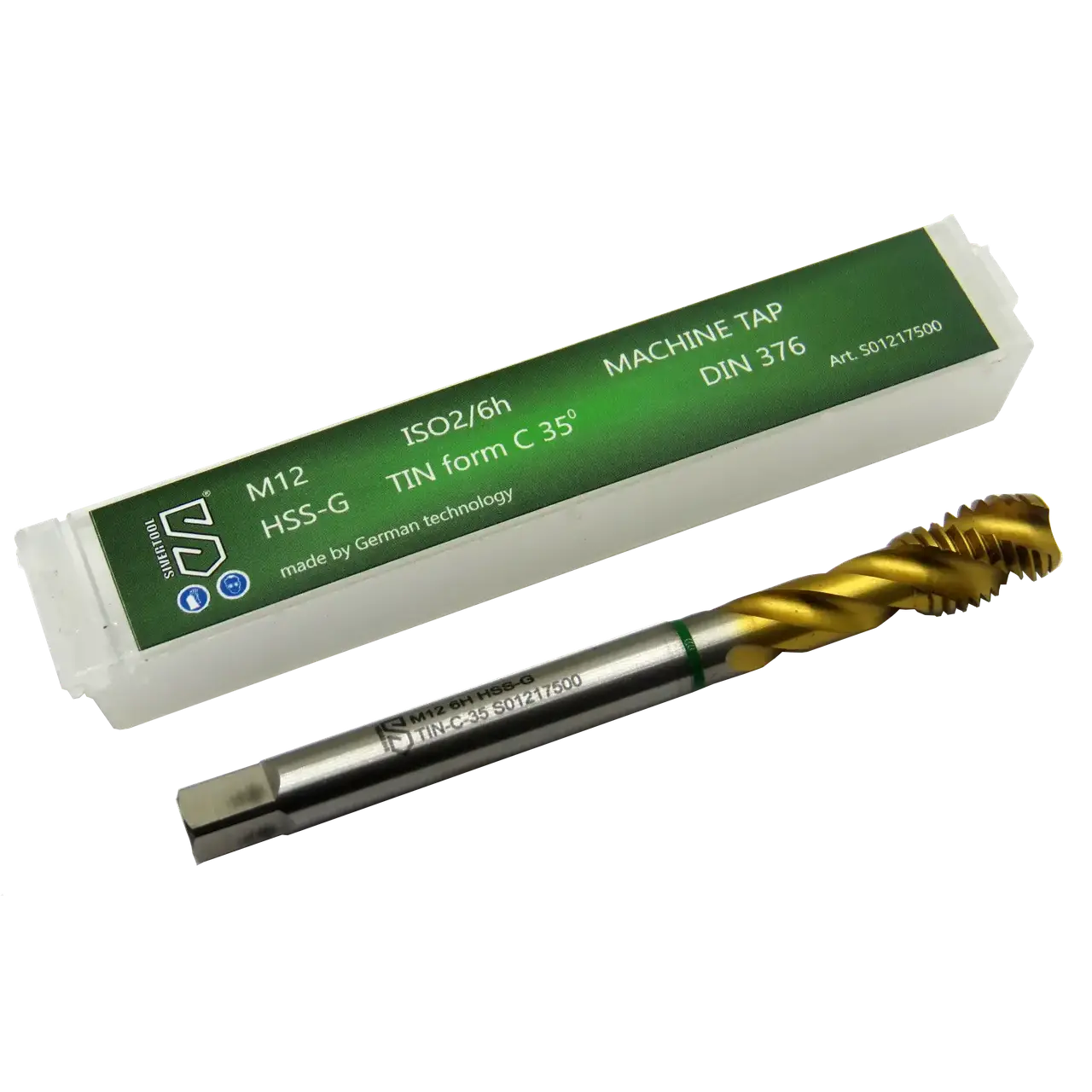 Мітчик М12×1,75 HSS-G TIN, DIN376, форма C 35° green, 800Н/мм2