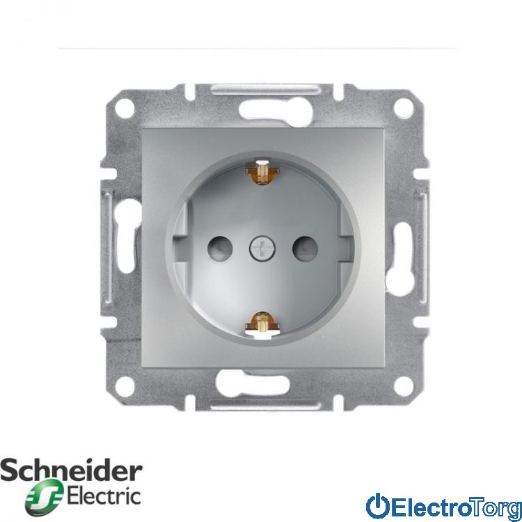 Розетка с заземлением одинарная с защитными шторками алюминий Asfora Schneider Electric (Шнайдер Электрик)