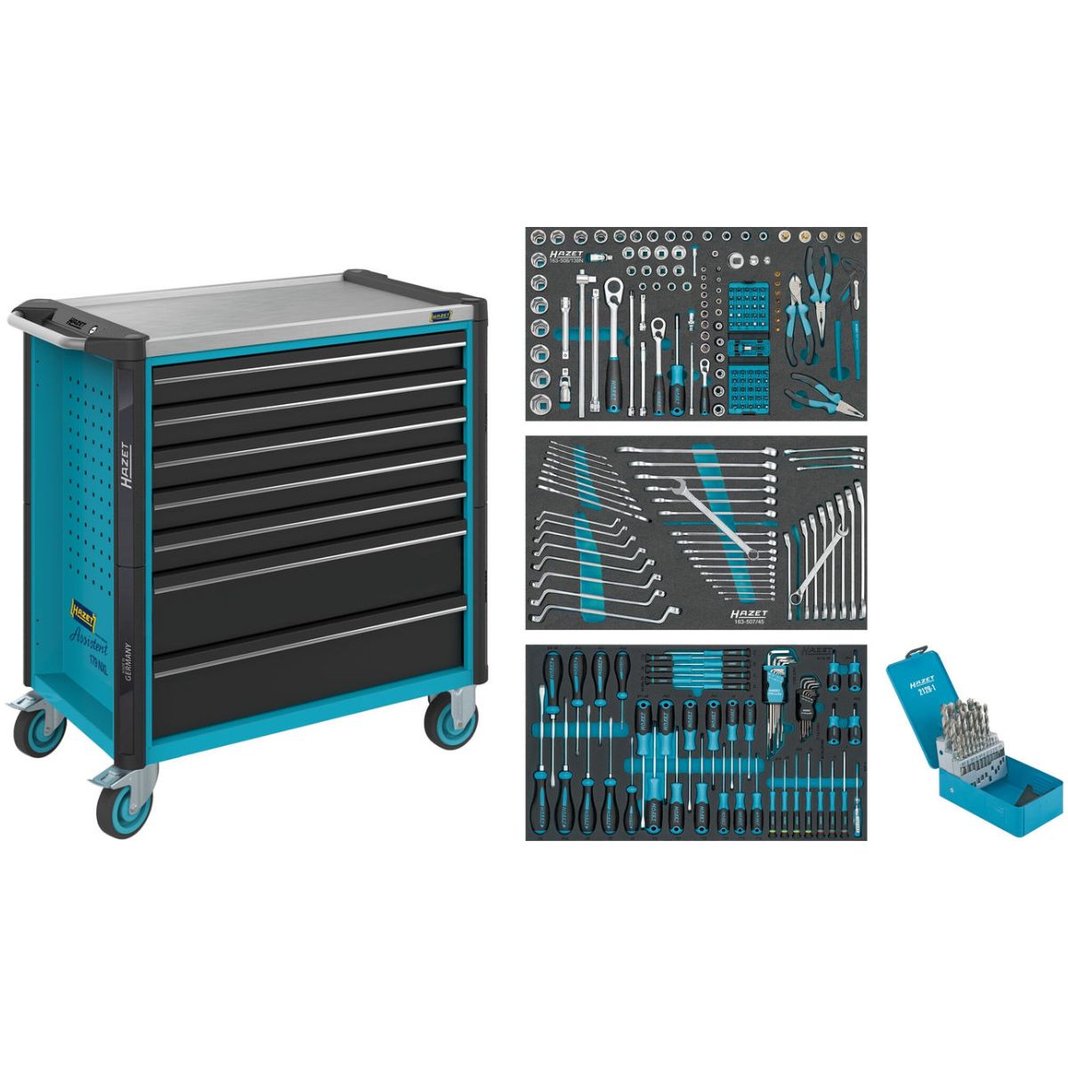 Werkstattwagen ∙ Assistent 179NXL ∙ Sortiment ∙ 265-teilig ∙ Schubladen, flach: 5× 81 x 696 x 398 mm ∙ Schubladen, hoch: 2× 166 x 696 x 398 mm