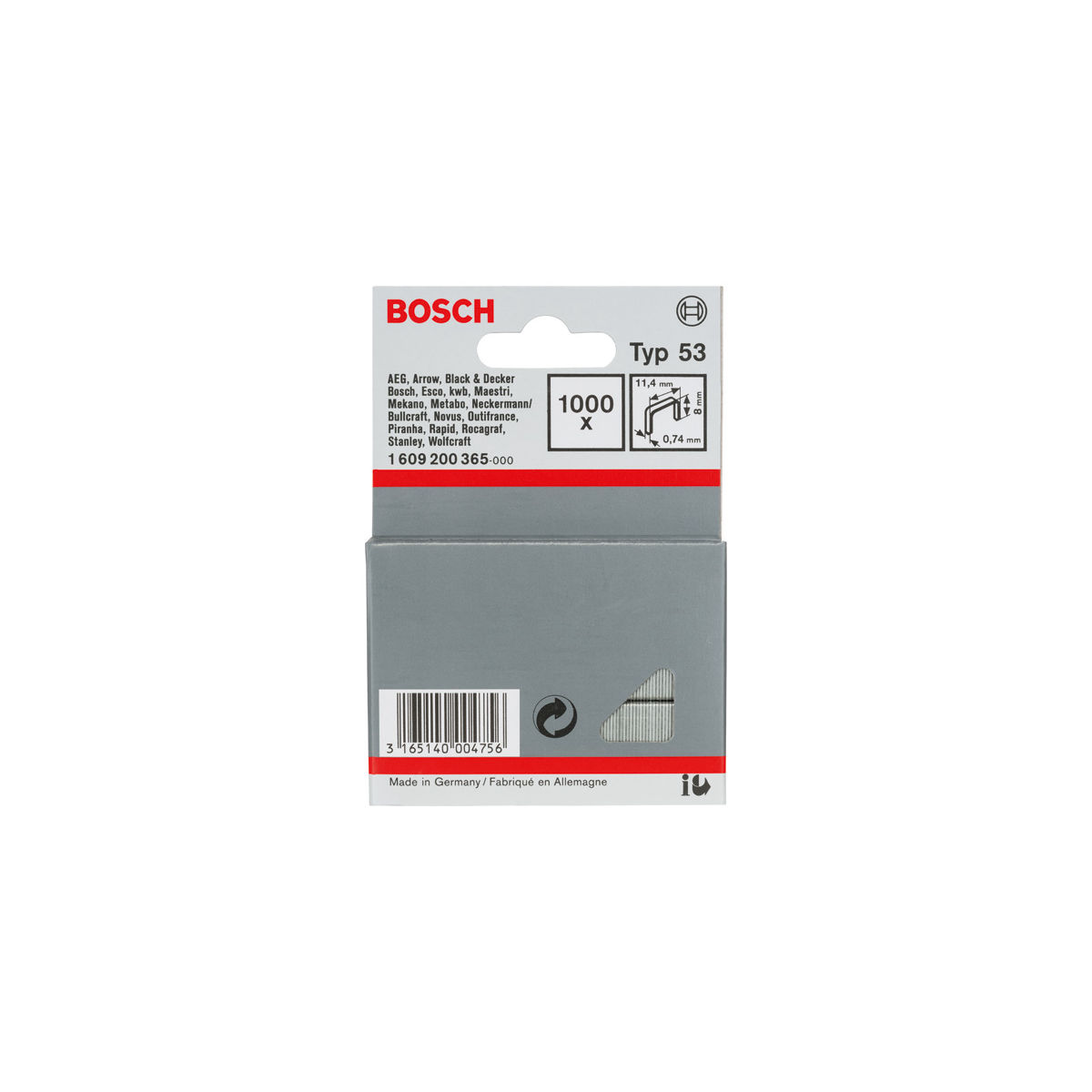 Feindrahtklammer Typ 53, 11,4 x 0,74 x 8 mm, 1000er-Pack