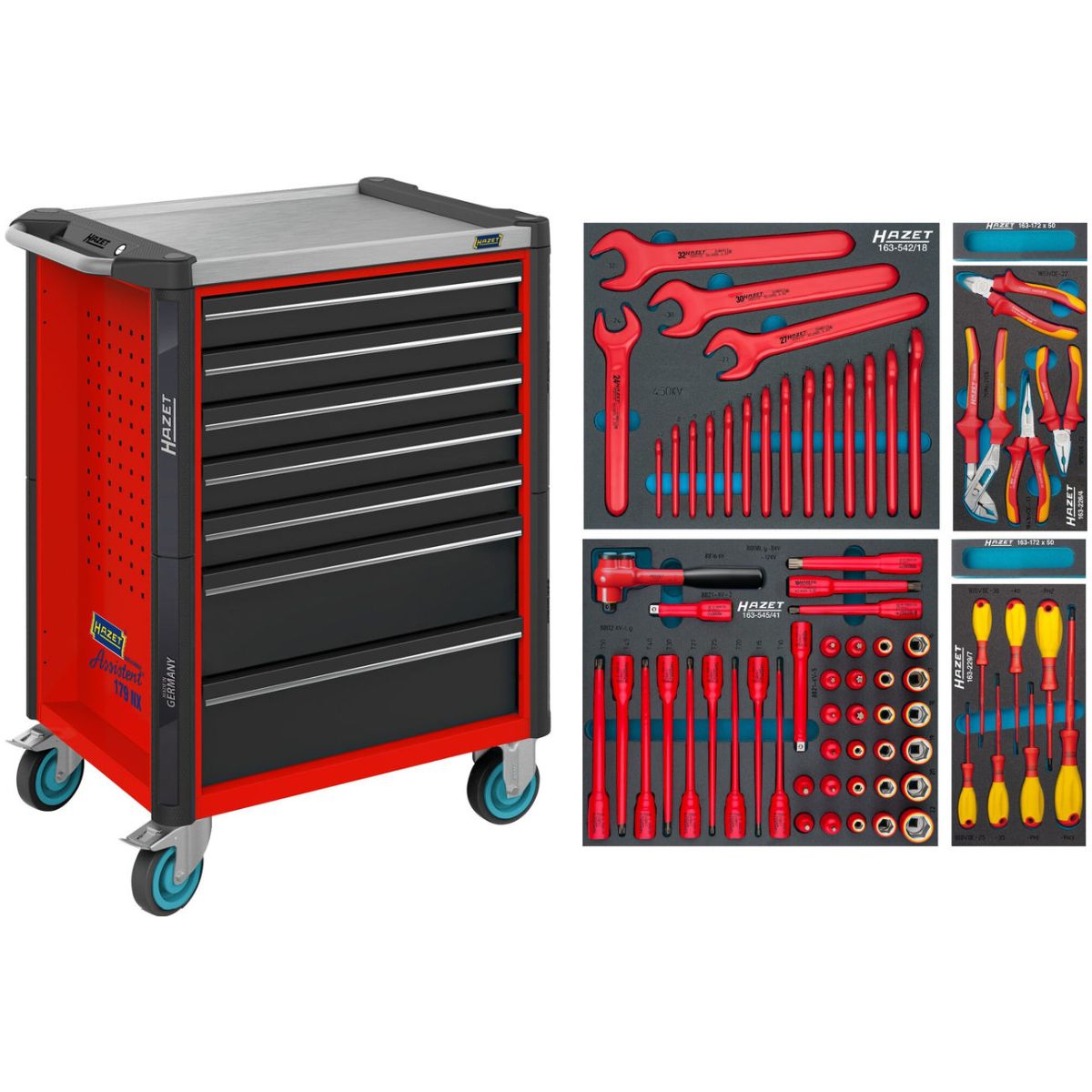 Werkstattwagen ∙ Assistent 179NX ∙ Sortiment ∙ 70-teilig ∙ Schubladen, flach: 5× 81 x 522 x 398 mm ∙ Schubladen, hoch: 2× 166 x 522 x 398 mm