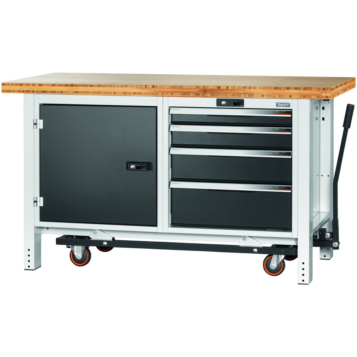 Werkbank mit Fahreinrichtung, Höhe 850 mm mit Bambus-Platte, 20×20G, Plattenlänge: 1500mm