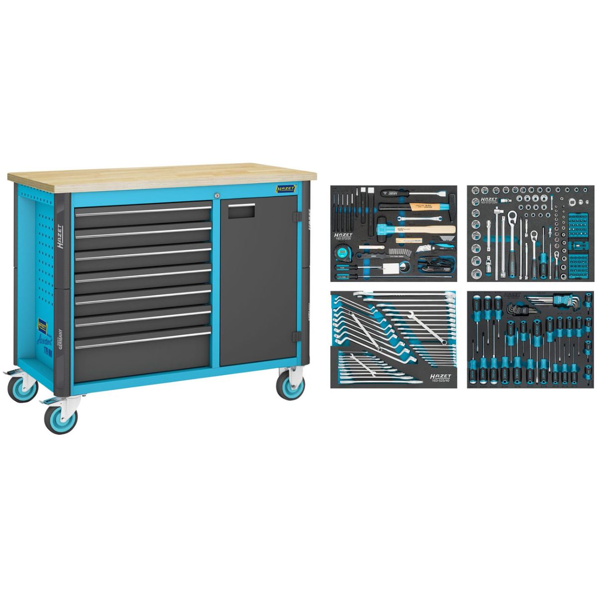 Werkbank ∙ fahrbar ∙ Assistent 179NW ∙ Sortiment ∙ 230-teilig ∙ Schubladen, flach: 6 x 81 x 522 x 398 mm ∙ Schubladen, hoch: 1 x 166 x 522 x 398 mm