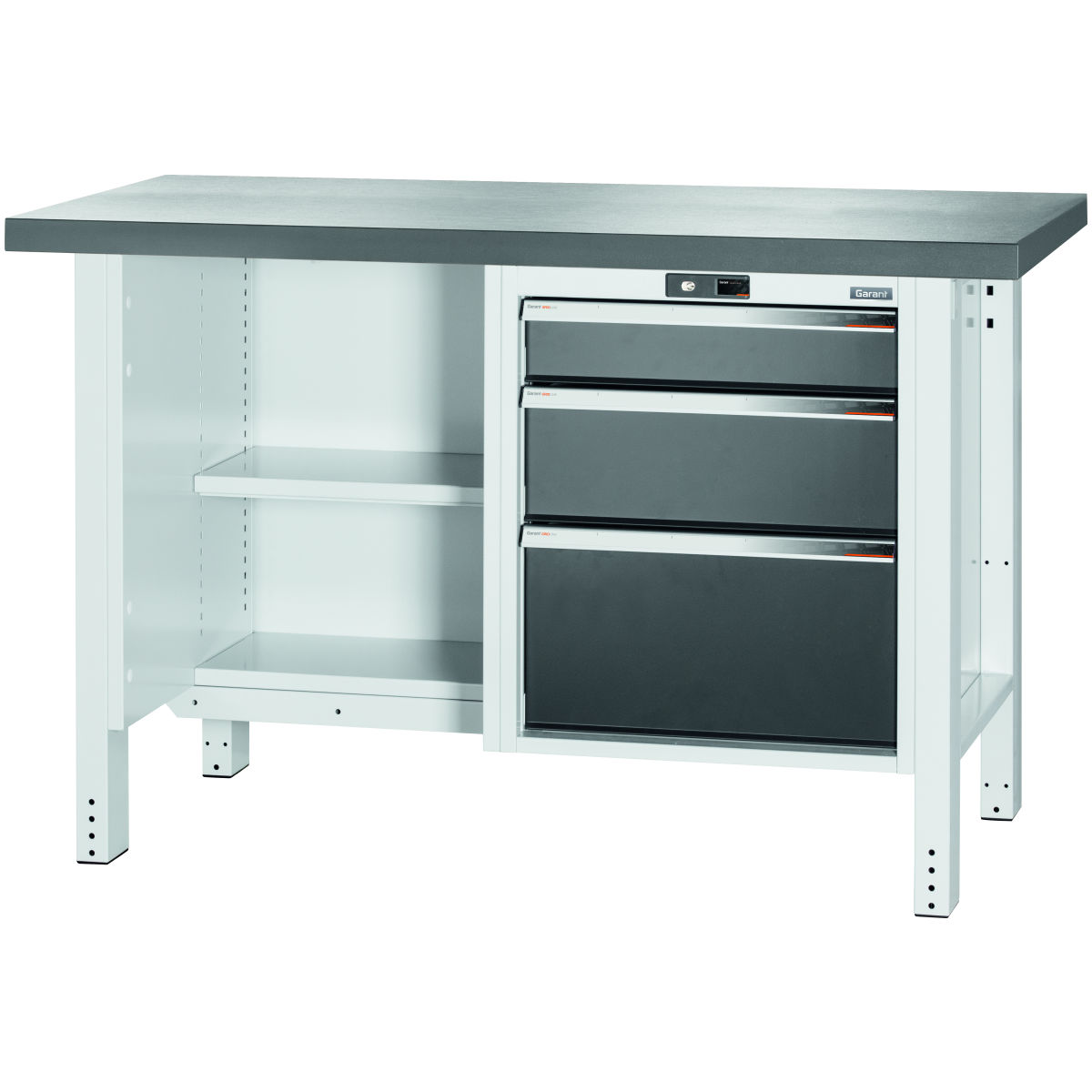 Werkbank, links offen, rechts 3 Schubladen, Eluplan-Platte dunkel, 20×20G, Plattenlänge: 1500mm