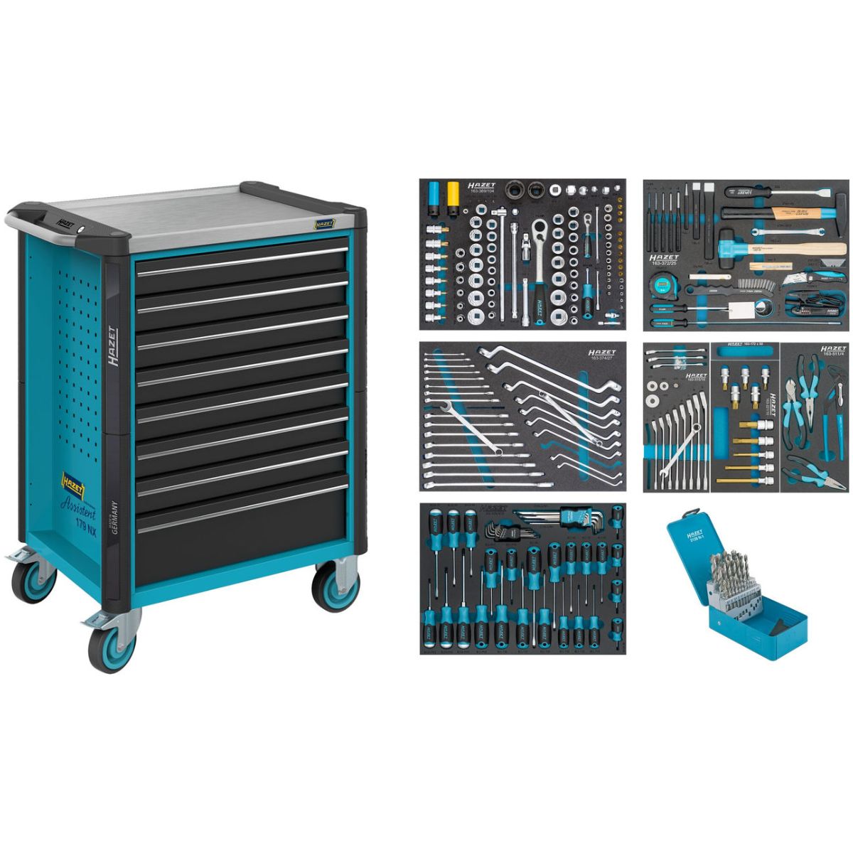 Werkstattwagen ∙ Assistent 179NX ∙ Sortiment ∙ 252-teilig ∙ Schubladen, flach: 7× 81 x 522 x 398 mm ∙ Schubladen, hoch: 1× 166 x 522 x 398 mm