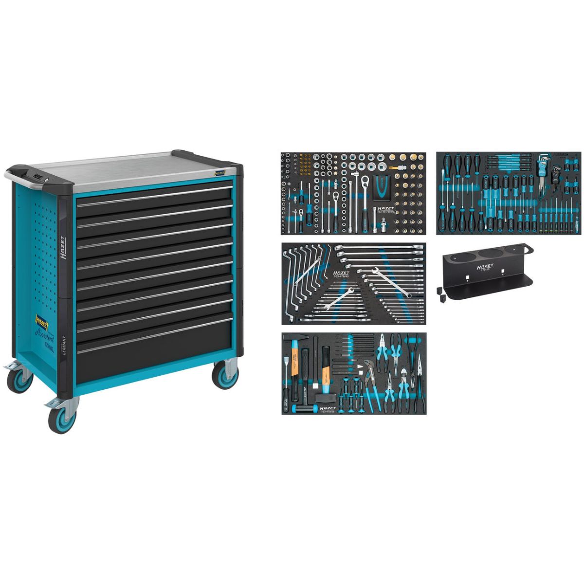 Werkstattwagen ∙ Assistent 179NXL ∙ Sortiment ∙ 317-teilig ∙ Schubladen, flach: 7× 81 x 696 x 398 mm ∙ Schubladen, hoch: 1× 166 x 696 x 398 mm