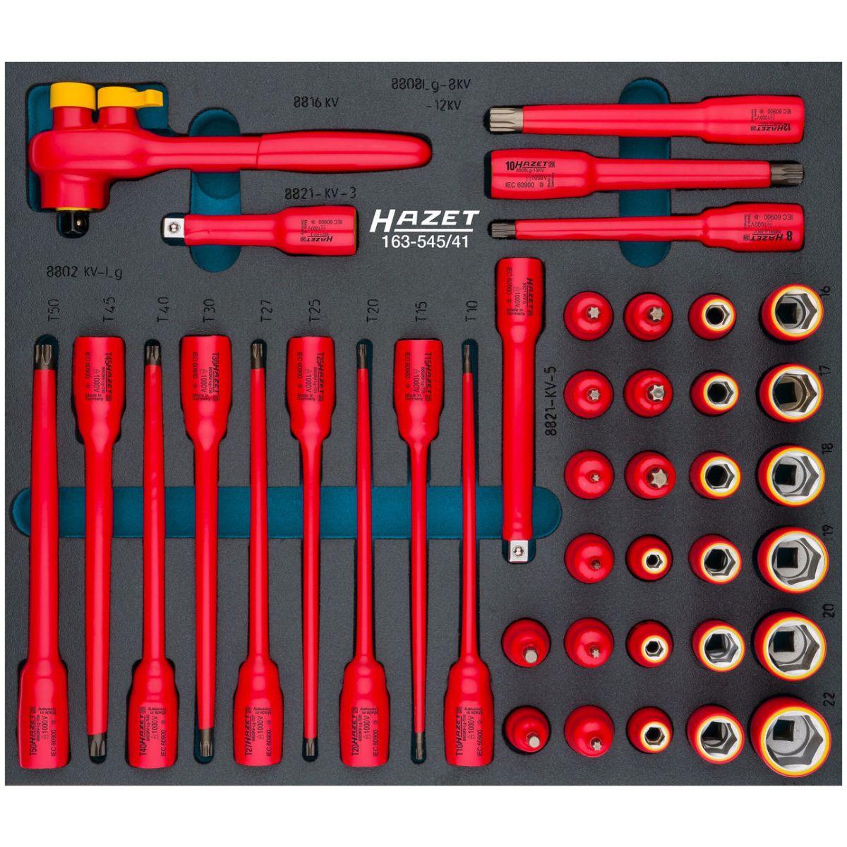 Steckschlüssel Satz ∙ schutzisoliert ∙ 3/8 Zoll (10 mm) Vierkant hohl ∙ Außen Sechskant-Tractionsprofil, Innen TORX® Profil, Innen Sechskant Profil, Innen Vielzahn Profil XZN ∙ 41-teilig ∙ 5 – 22 ∙ M8 – M12 ∙ T10 – T50