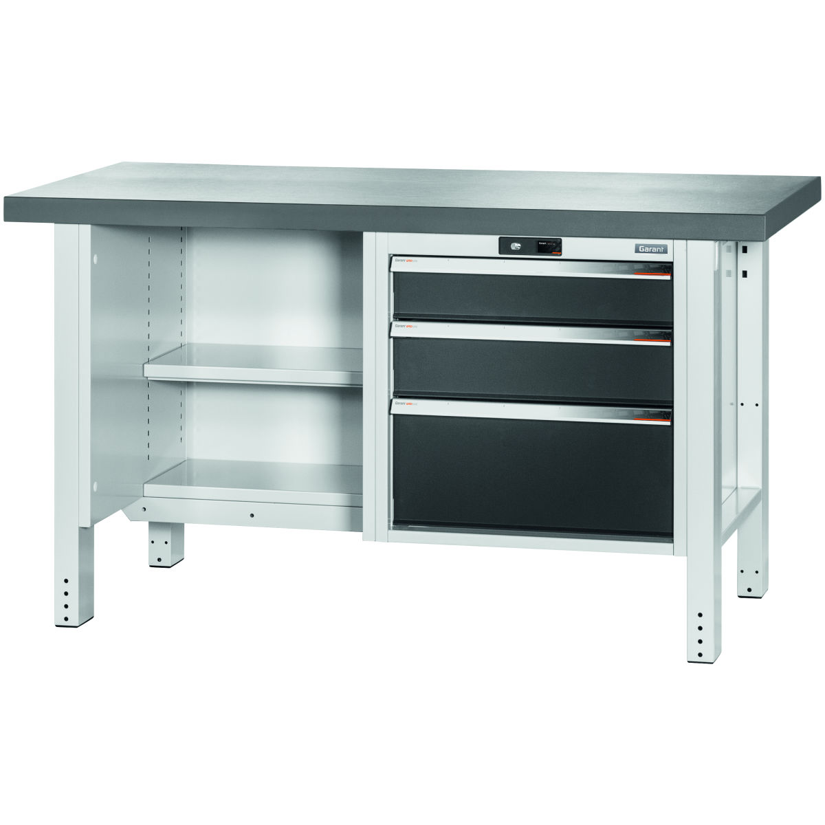 Werkbank, links offen, rechts 3 Schubladen, Eluplan-Platte dunkel, 20×20G, Plattenlänge: 1500mm