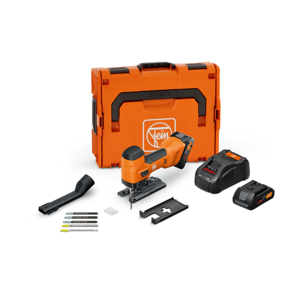 Akku-Stichsäge für Metall und Holz 26 mm Hub,F-IRON Jig 26 AS Set 2 x 4 Ah,Leistungsfähige, vibrationsarme Stichsäge für Metall und Holz für präzise und kurvige Schnitte, auch über Kopf. Inklusive Akku-Starter-Set 2 x 4 Ah ProCORE Akkus und Schnellla