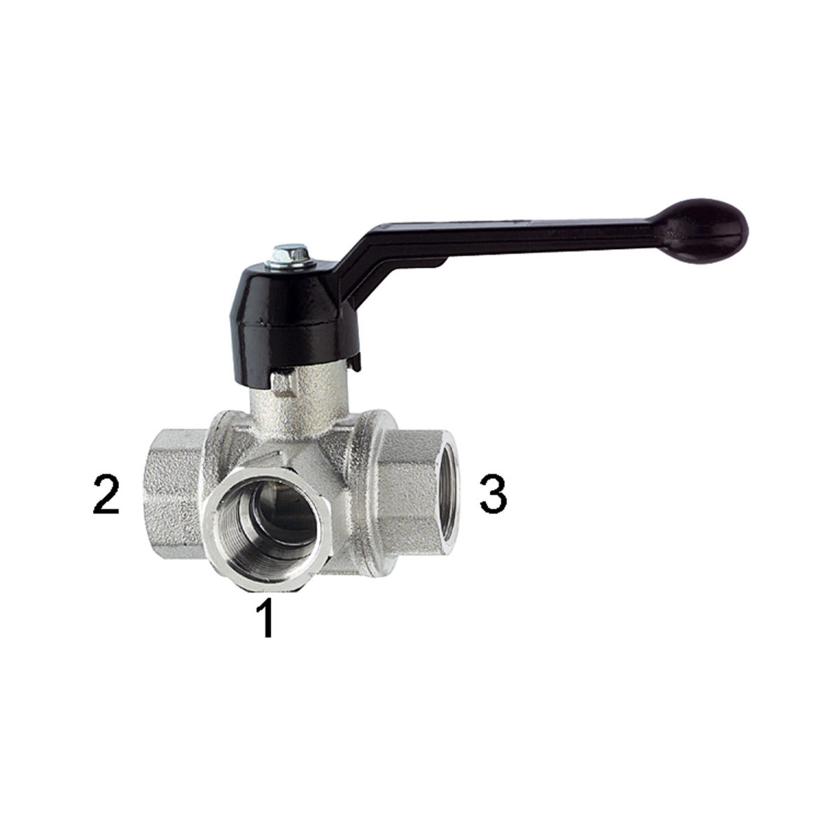 3-Wege-Kugelhahn, Standard, L-Bohrung, Messing vernickelt, Rp 1/4, DN 8