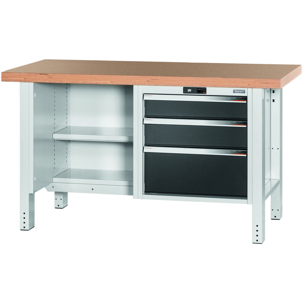 Werkbank, links offen, rechts 3 Schubladen, Buche-Multiplex-Platte, 20×20G, Plattenlänge: 1500mm