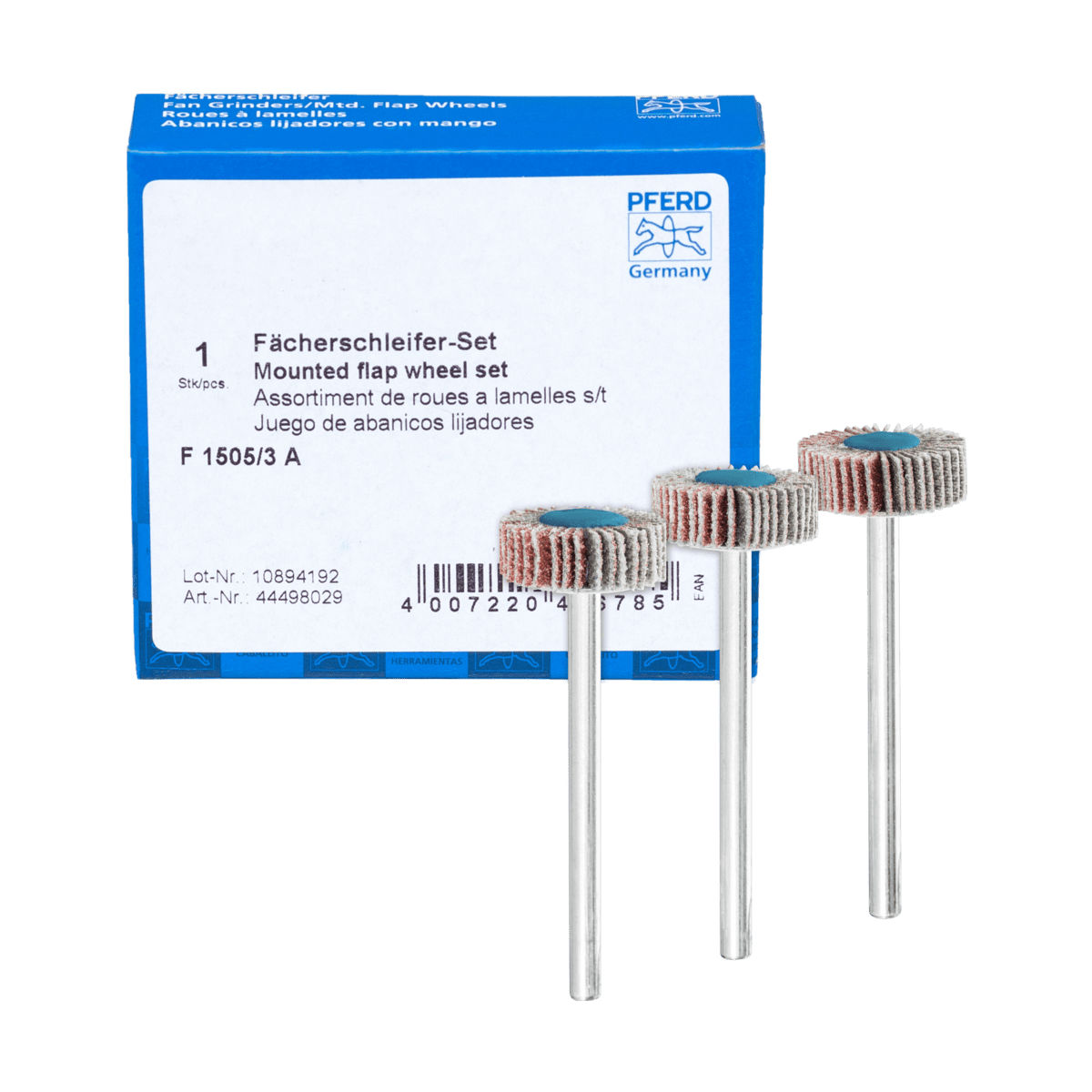 PFERD TOOLS Fächerschleifer-Set Korund Ø15x5mm Schaft-Ø3mm A 80,120 und 180 für Feinschliff & Finish