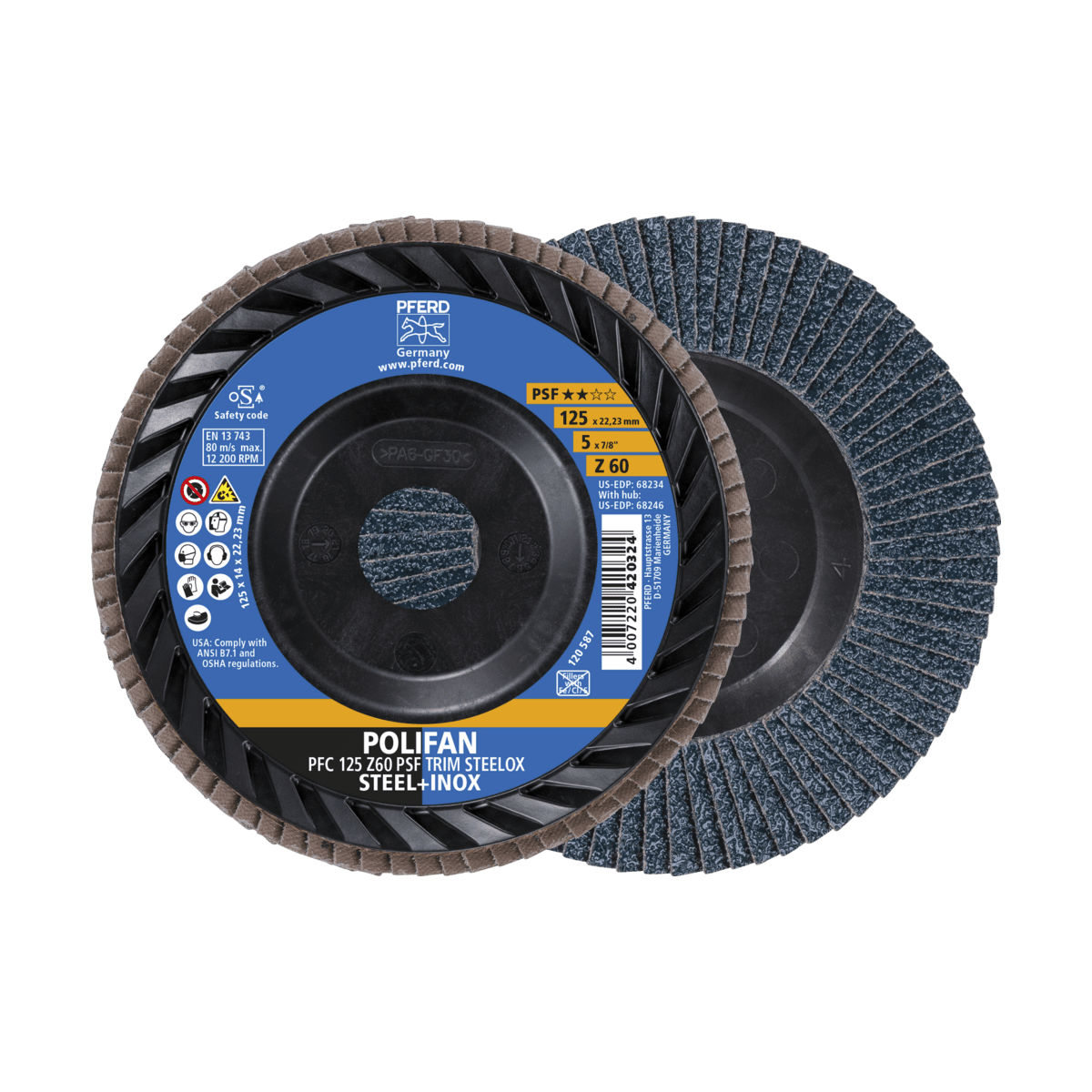 PFERD TOOLS POLIFAN Fächerscheibe PFC 125x22,23 mm konisch Z60 Universallinie PSF TRIM STEELOX für Stahl/Edelstahl