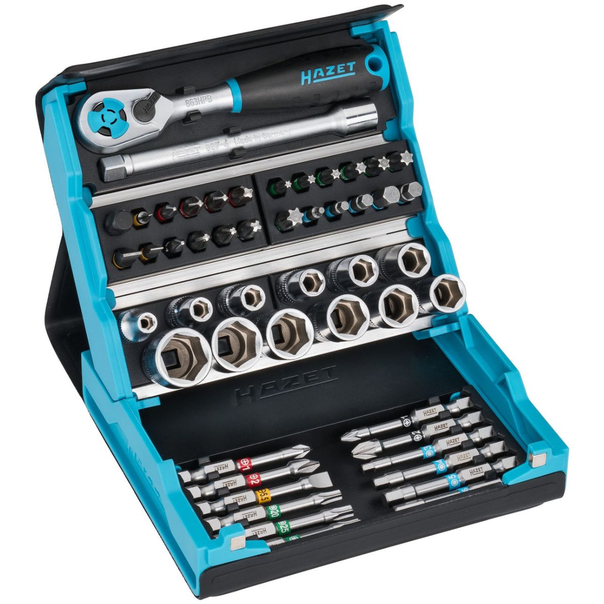 SmartCase Steckschlüssel Satz ∙ 1/4 Zoll (6,3 mm) Sechskant massiv, 1/4 Zoll (6,3 mm) Vierkant hohl ∙ Außen Doppelsechskant-Tractionsprofil, Schlitz Profil, Kreuzschlitz Profil PH, Pozidriv Profil PZ, Innen Sechskant Profil, Innen TORX® Profil ∙ 50-t