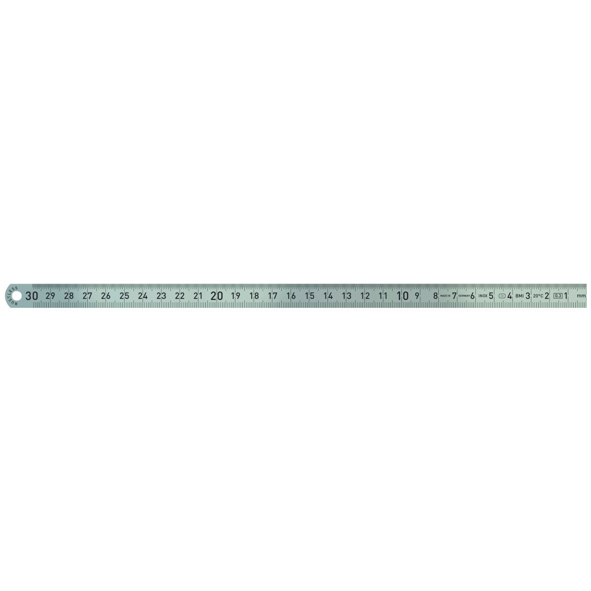 Stahlmaßstab biegsam, schmal, rostfrei mattiert, Skala von rechts nach links, Gesamtlänge: 300mm
