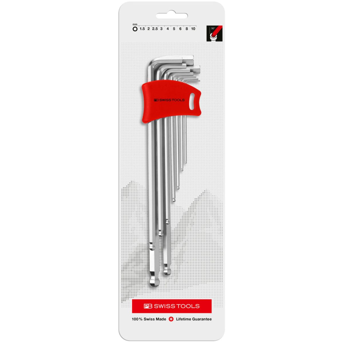 Winkelschraubendreher mit Kugelkopf für Innensechskant-Schrauben, lange Ausführung, Set in kompaktem Doppelhalter, in Blister-Verpackung
