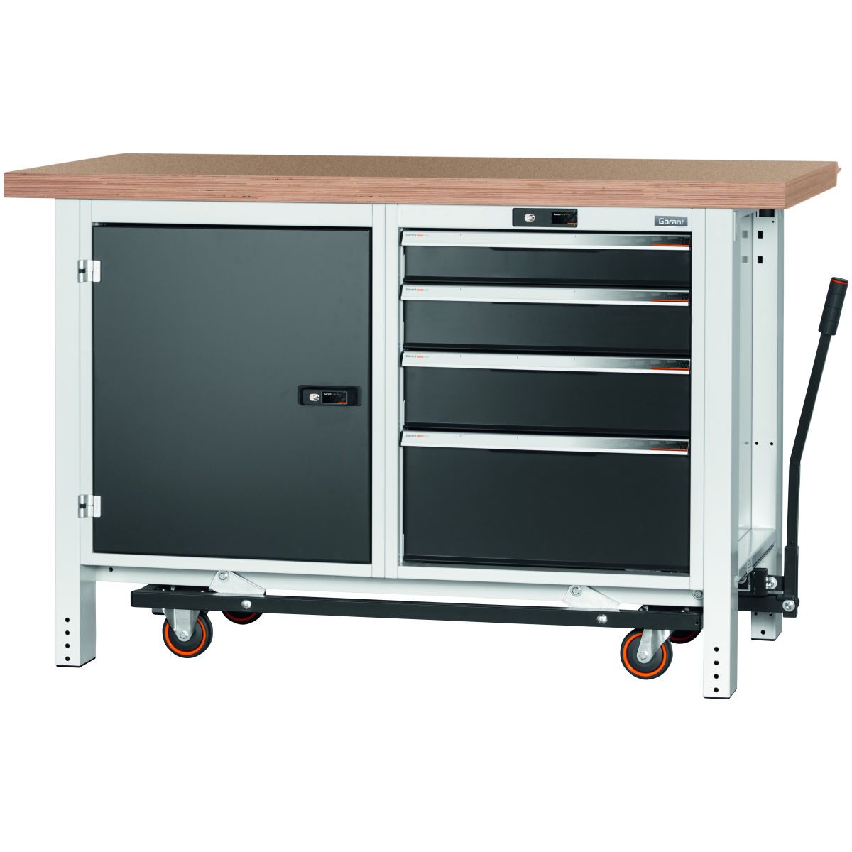 Werkbank mit Fahreinrichtung, Höhe 950 mm mit Buche-Multiplex-Platte, 20×20G, Plattenlänge: 1500mm