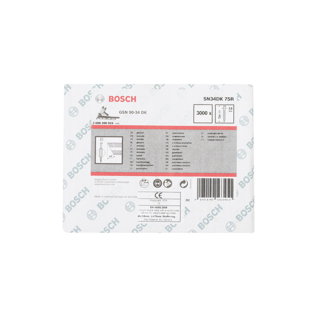 D-Kopf Streifennagel SN34DK 75R, 2,8 mm, 75 mm, blank, gerillt, 3000er-Pack